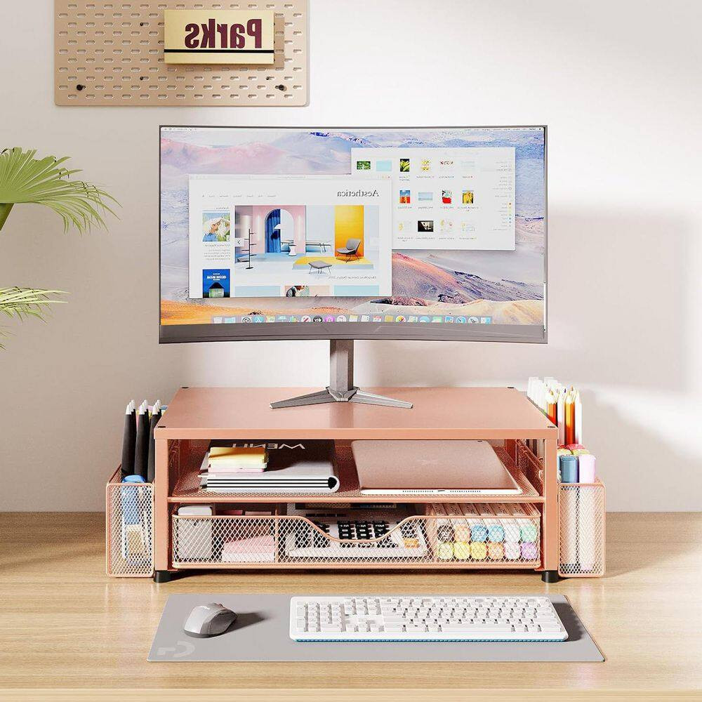Gold 15.5 In. X 6.3 In. Metal Modern Desk Organizers with Drawer and 2 Pen Holde