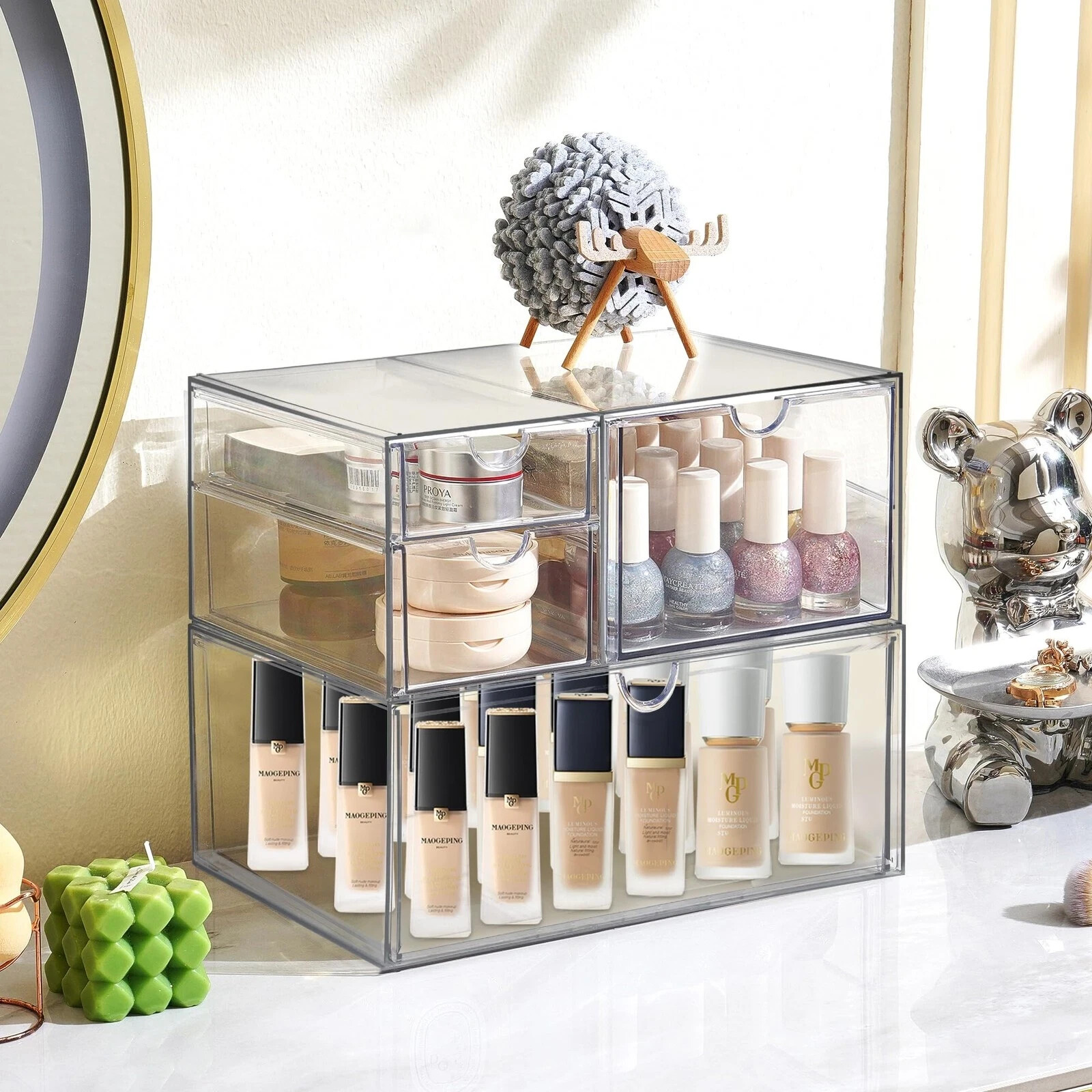 Prsildan Acrylic Drawer Makeup Organizer with 4 Drawers, Set of 2 Office Desk