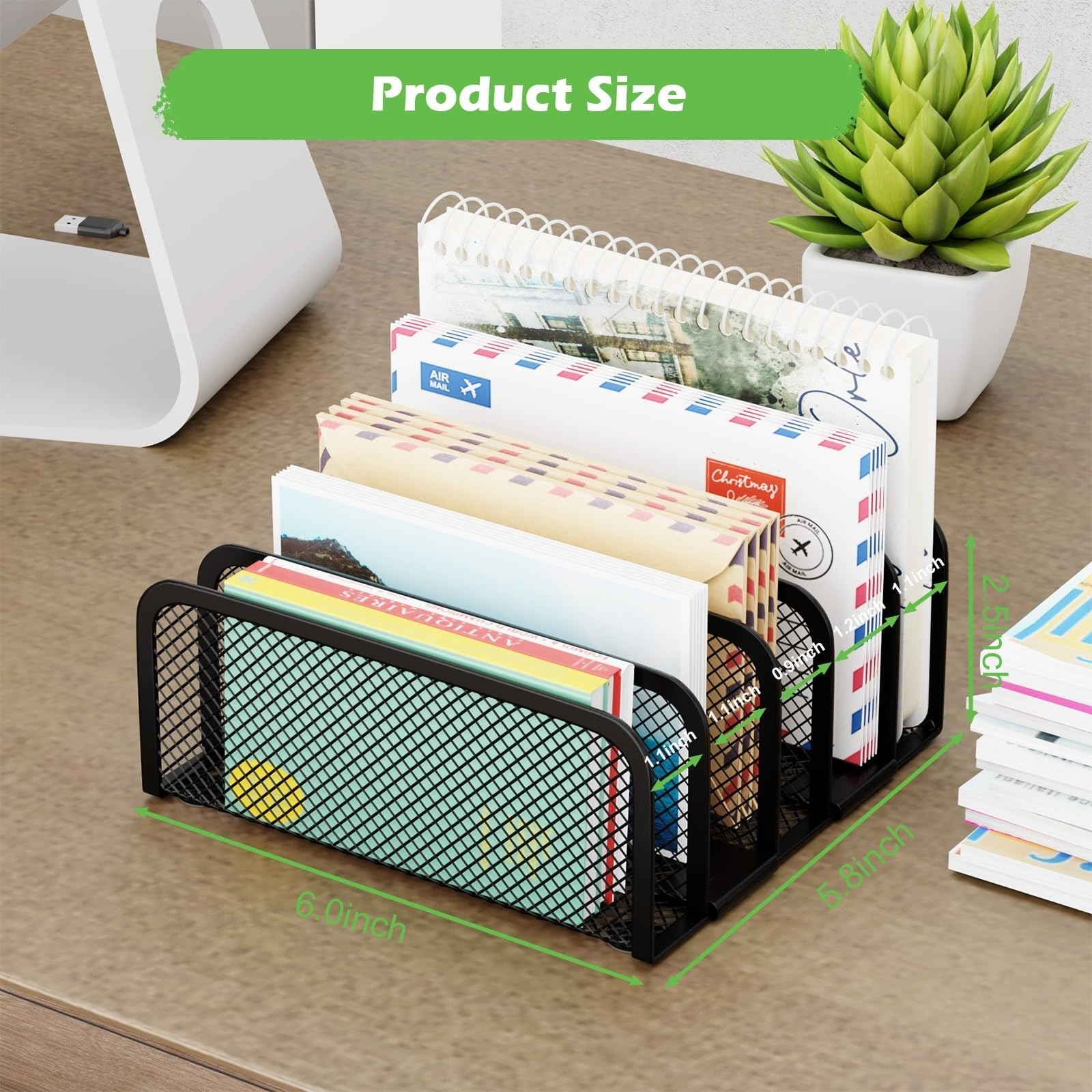 Black Metal Mail Organizer – 5-Slot Desktop File Holder for Office & Home