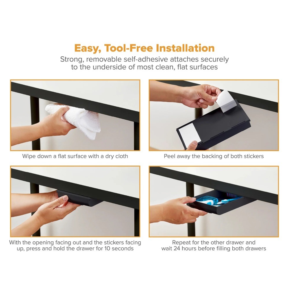 Desk Drawer for Organization, Self-Adhesive Under Desk Storage, Black, Pack of 2