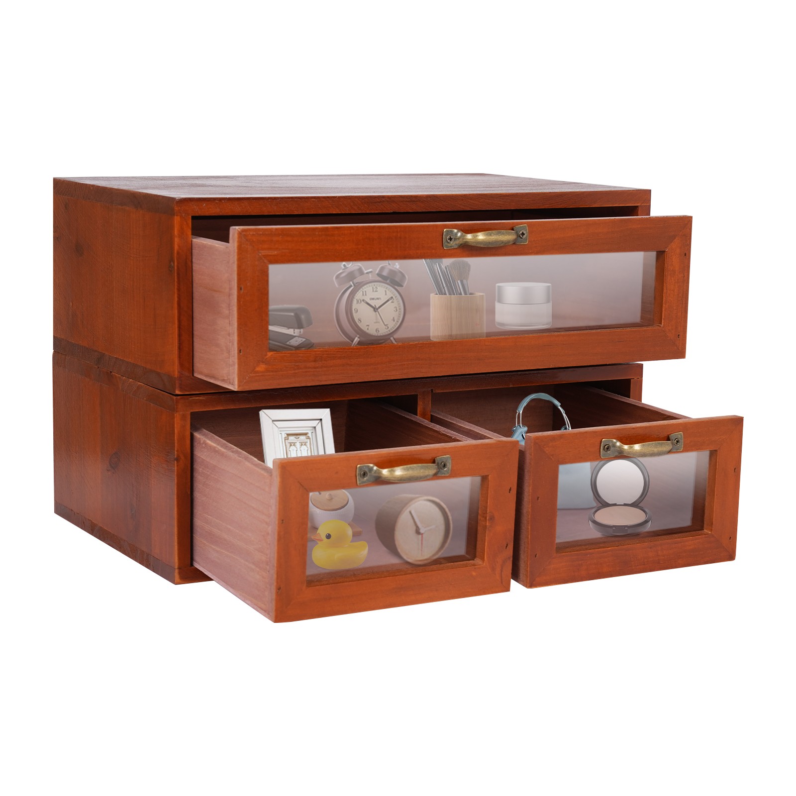 Vintage Desk Organizer Wooden Tabletop Storage Box with 3 Drawers for Office