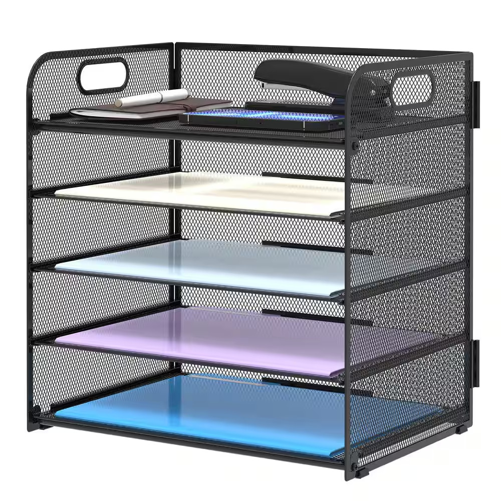 Black 12 In. X 11.22 In. Mesh Steel Wire Paper Tray Organizer with Handle for Of