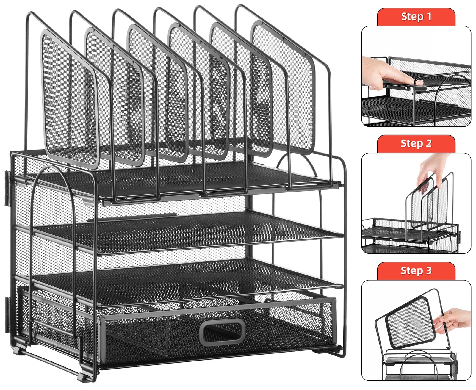 Marbrasse Desk organizer with Drawer, 4-Tier Mesh File Mesh, Black