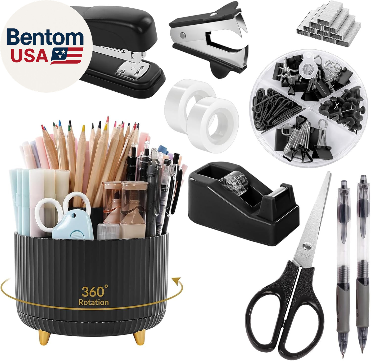 Black Office Supplies, Black Office Desk Accessories 10PCS, Pencil Holder for De