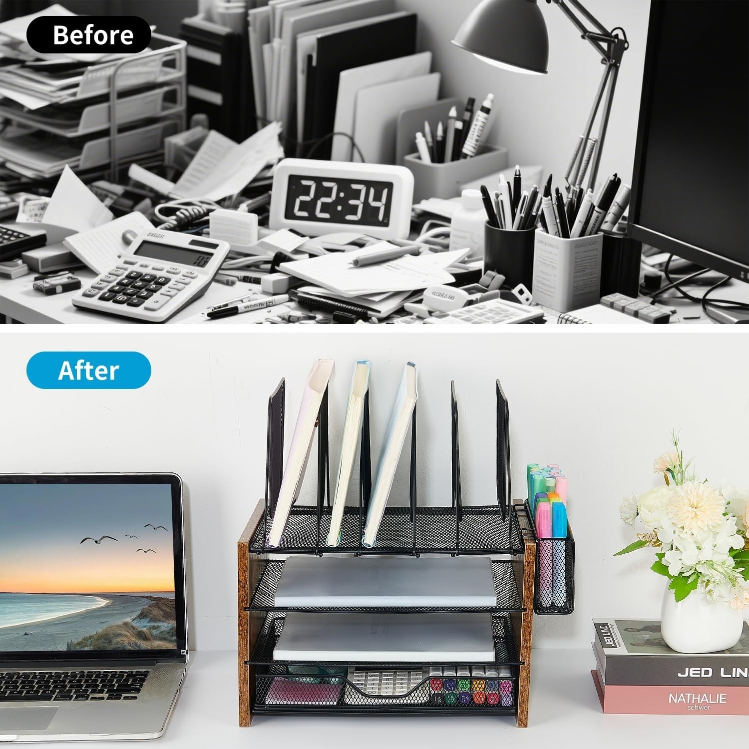 Desk Organizer, 4-Tier Desktop File Organizer with Drawer and 2 Pen Holders, …