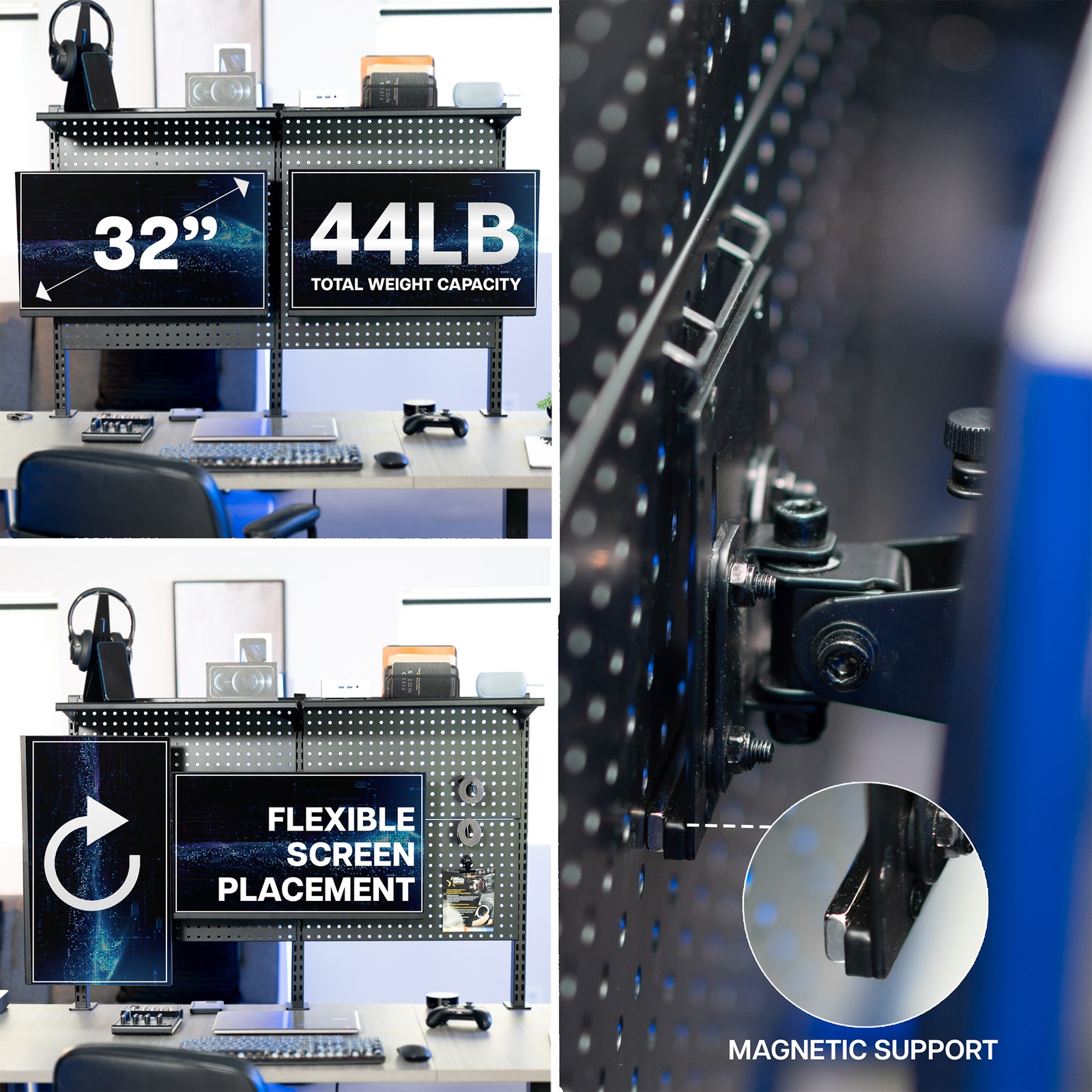 VIVO Black Steel Clamp-on 47″ Pegboard with Monitor Mounts & Overhead Shelf