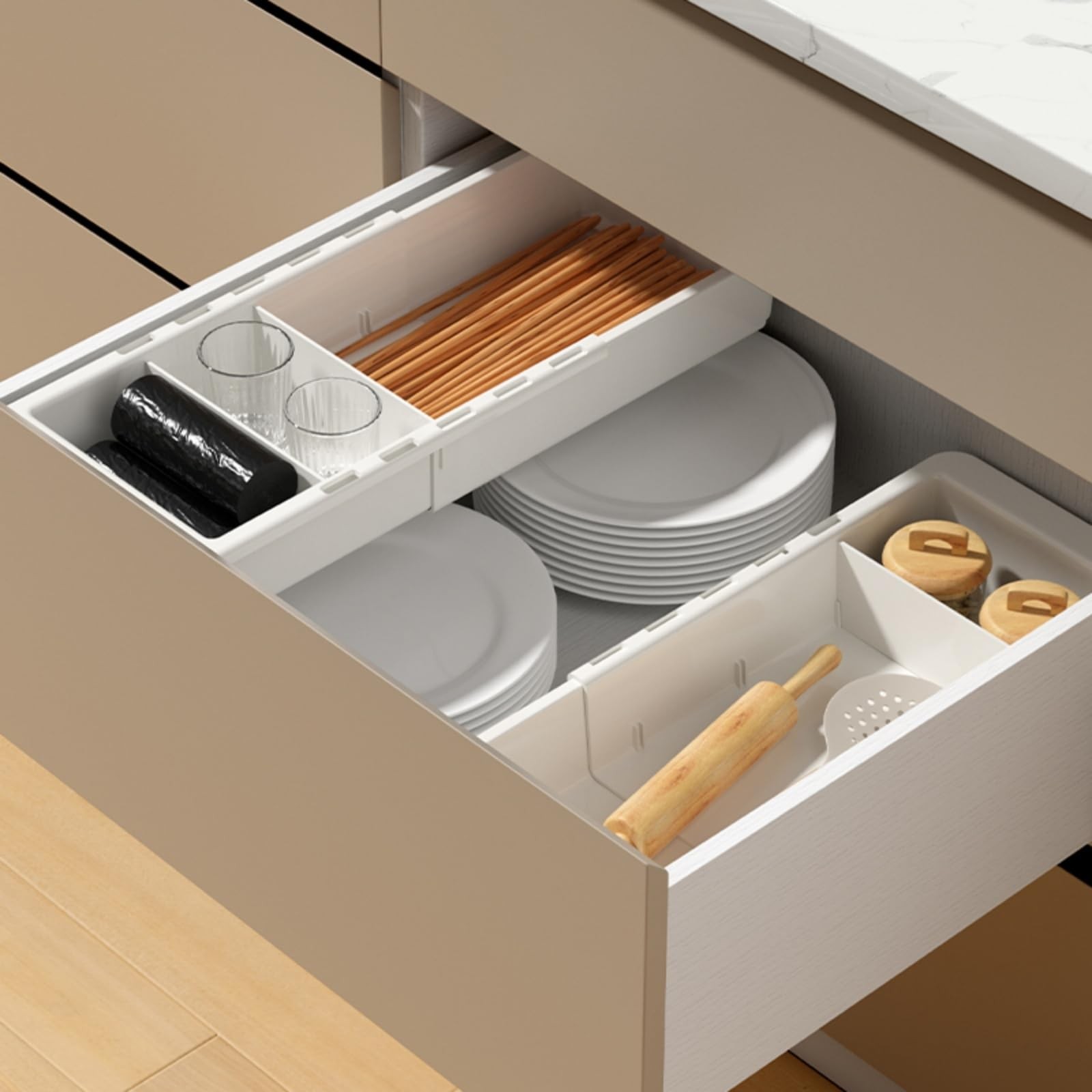 EooUooIP Sliding Drawer Tray with Adjustable Dividers, Expandable White