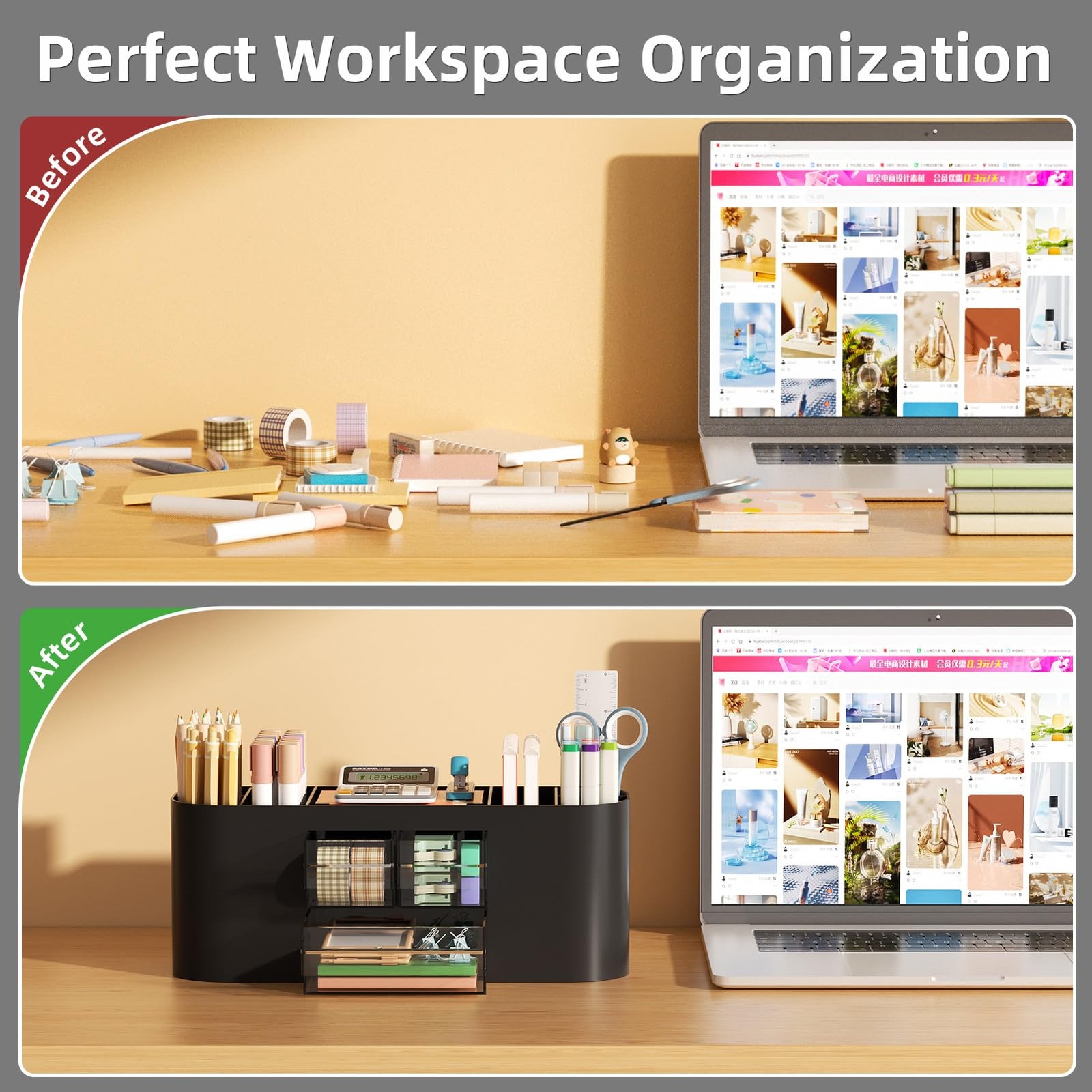 Marbrasse Desk Organizer Pen Holder with 3 Drawers, Multi-Functional Black