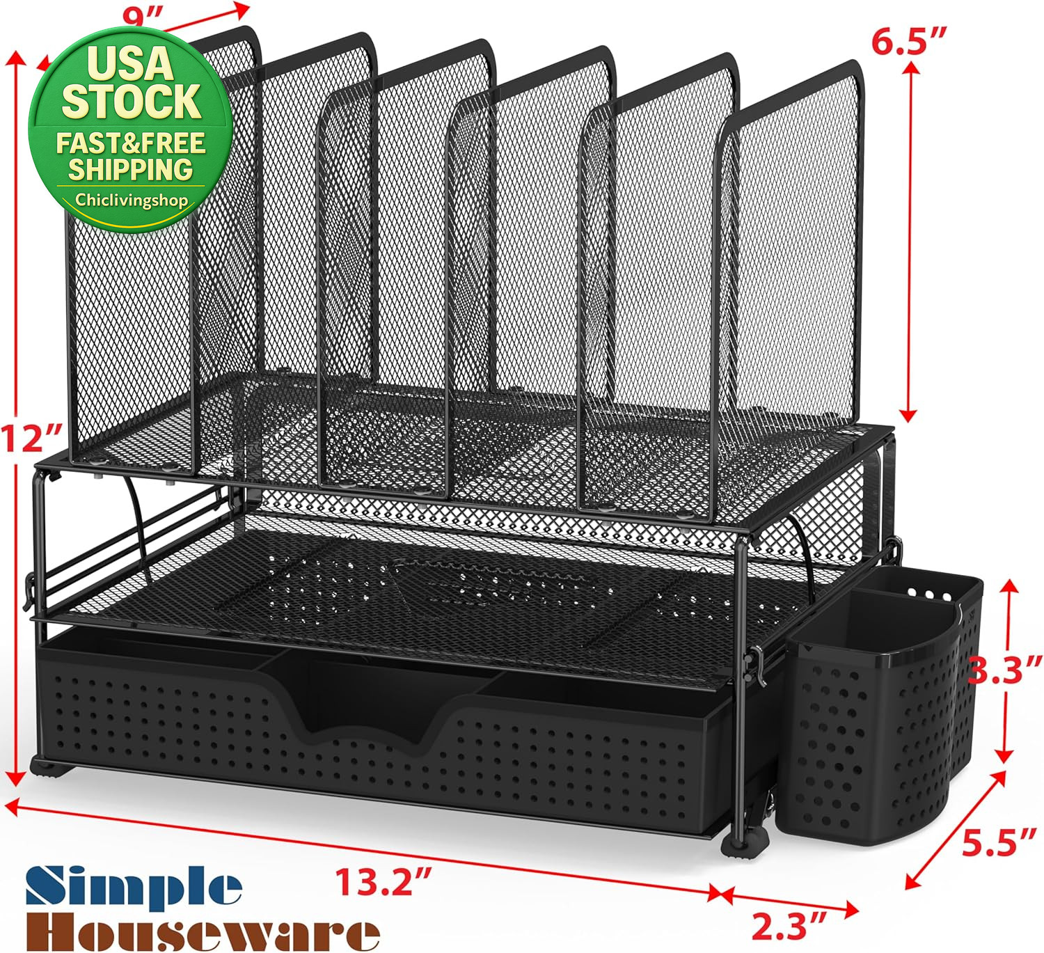 Mesh Desk Organizer Sliding Drawer Double Tray 5 Upright Sections Black