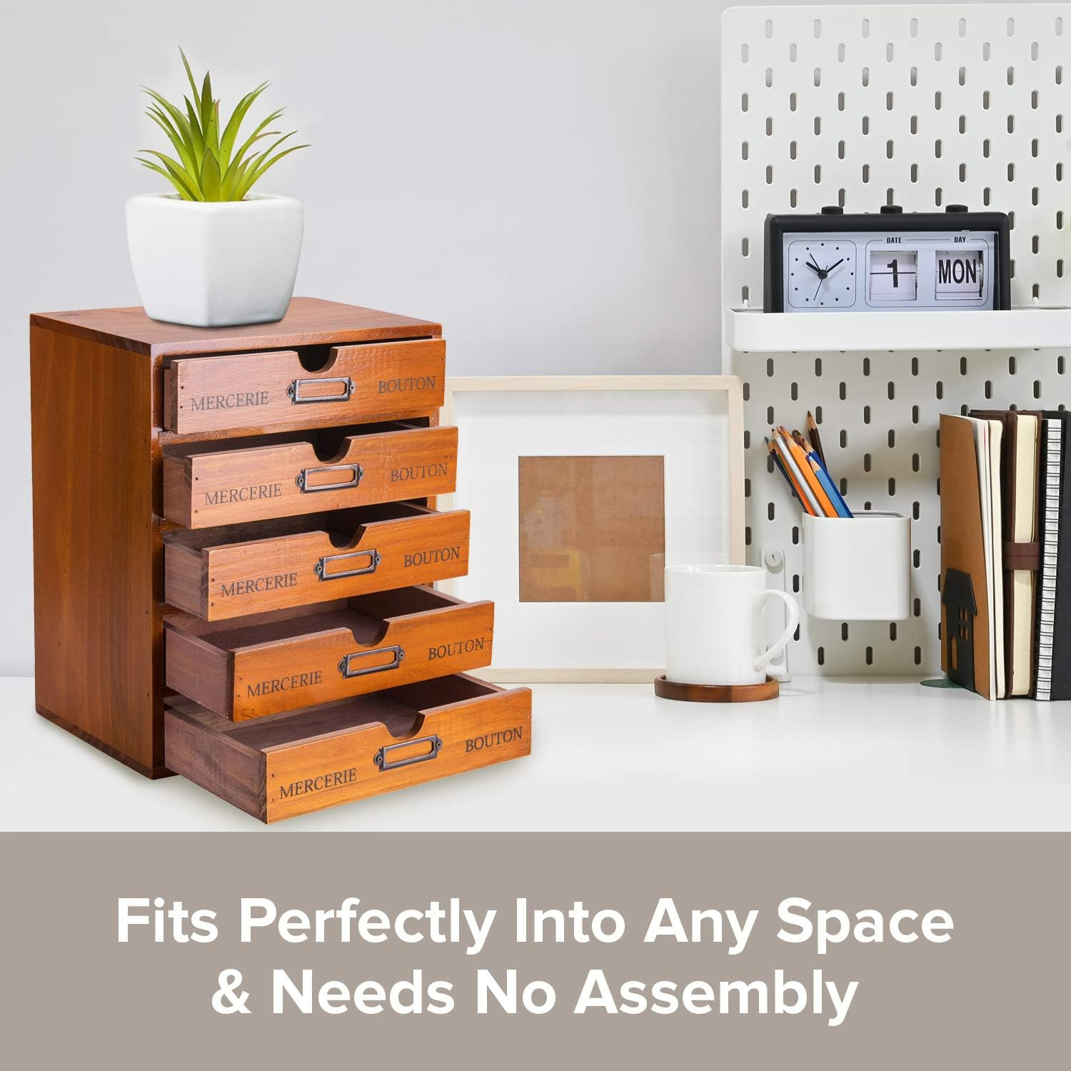 Rustic 5-Drawer Wooden Desk Organizer for Home Office & Craft Storage