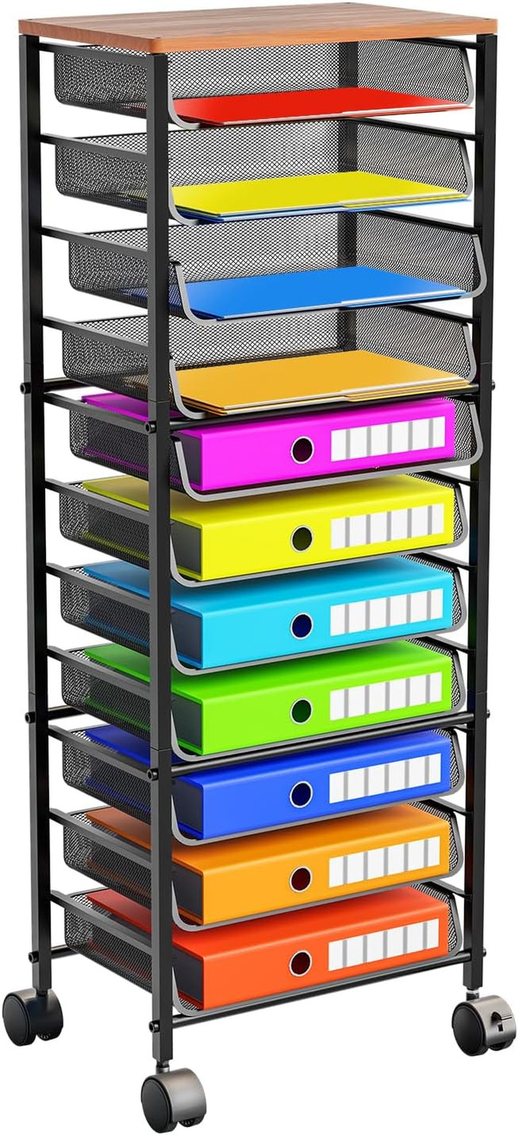 12-Tier Rolling File Cart, Desk File Organizer with 11 Mesh Sliding Trays, Lette