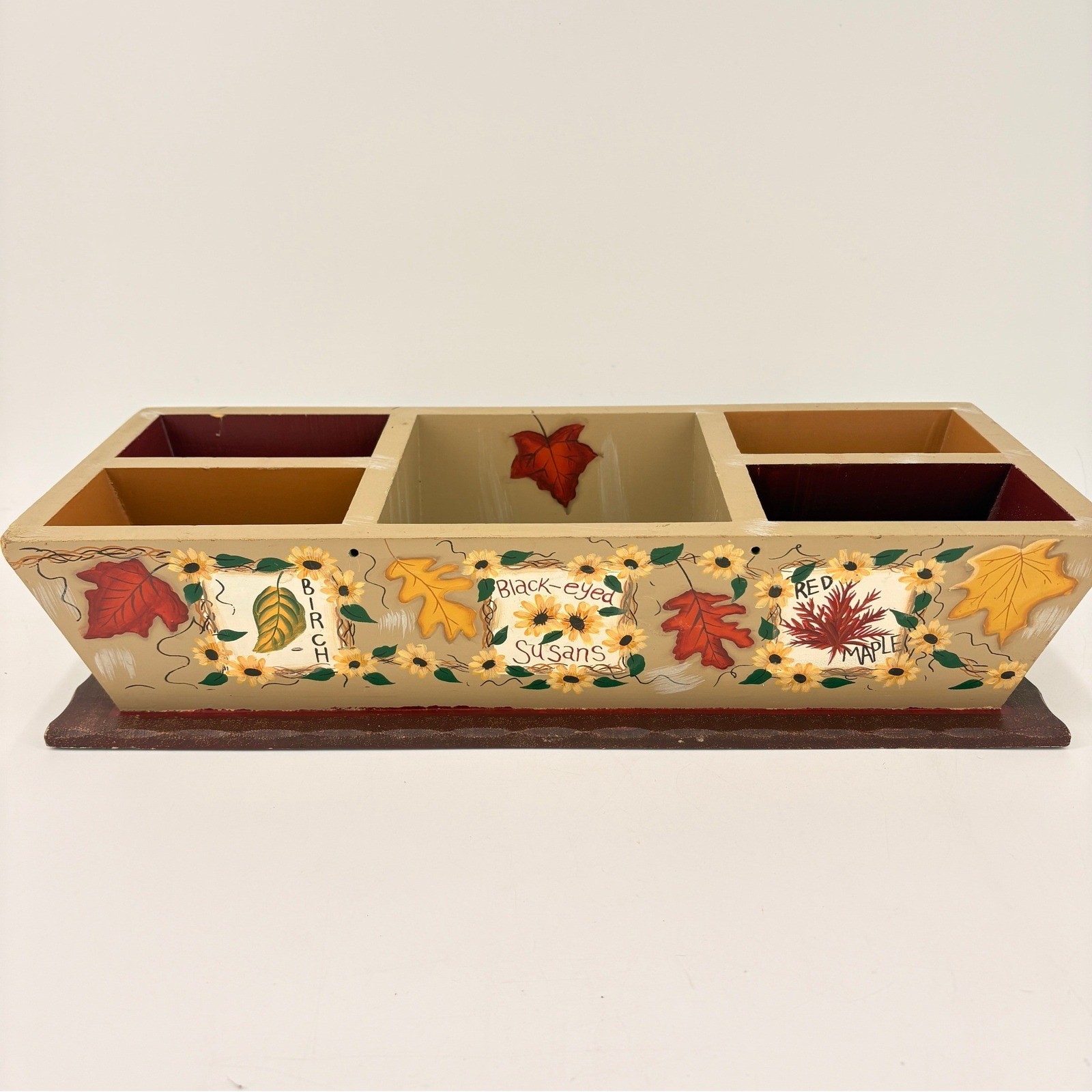 Kathy Hatch Hand Painted Wood Desk Organizer Fall Leaves Floral Autumn Caddy