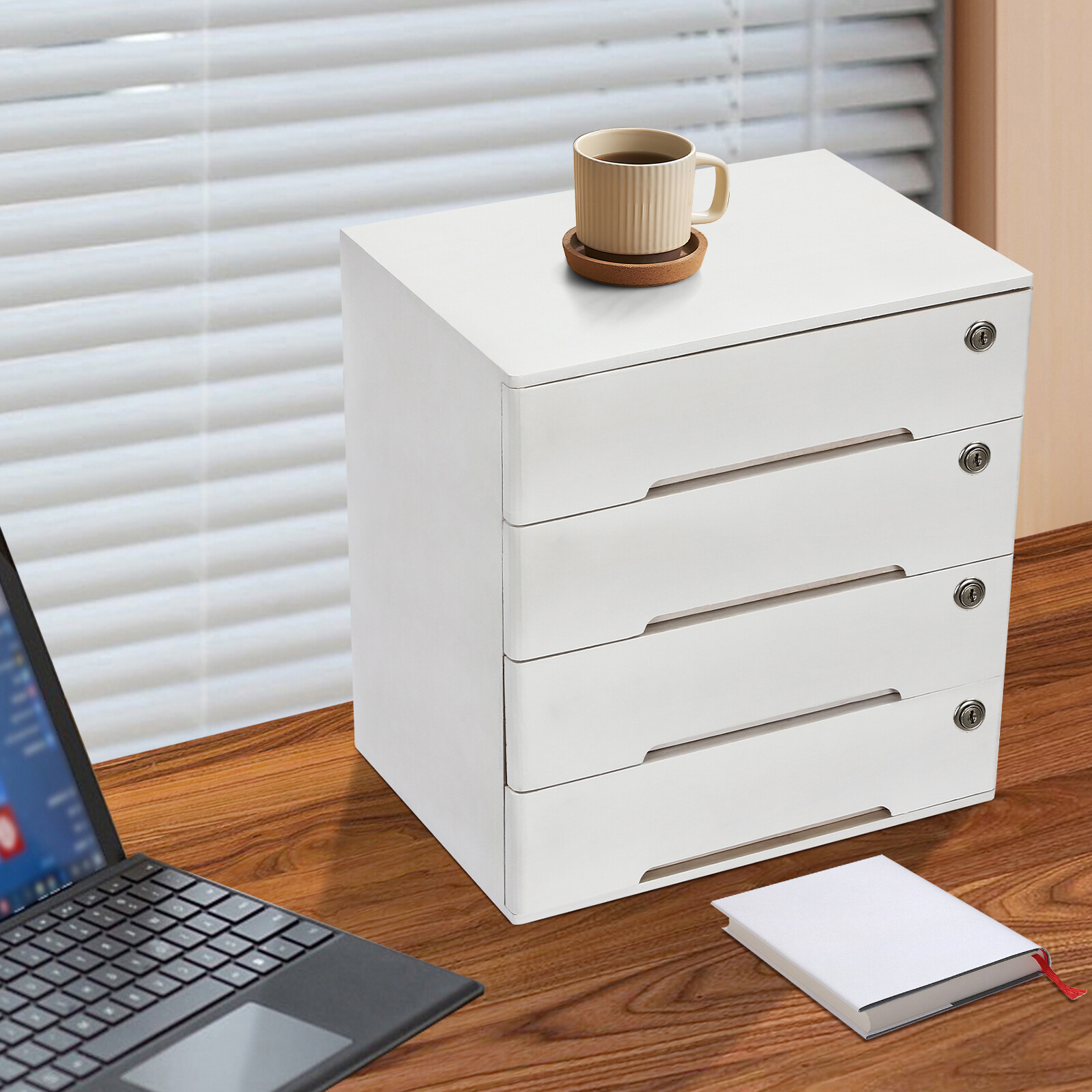 4-layer white wooden desktop storage box file cabinet with lockable drawers