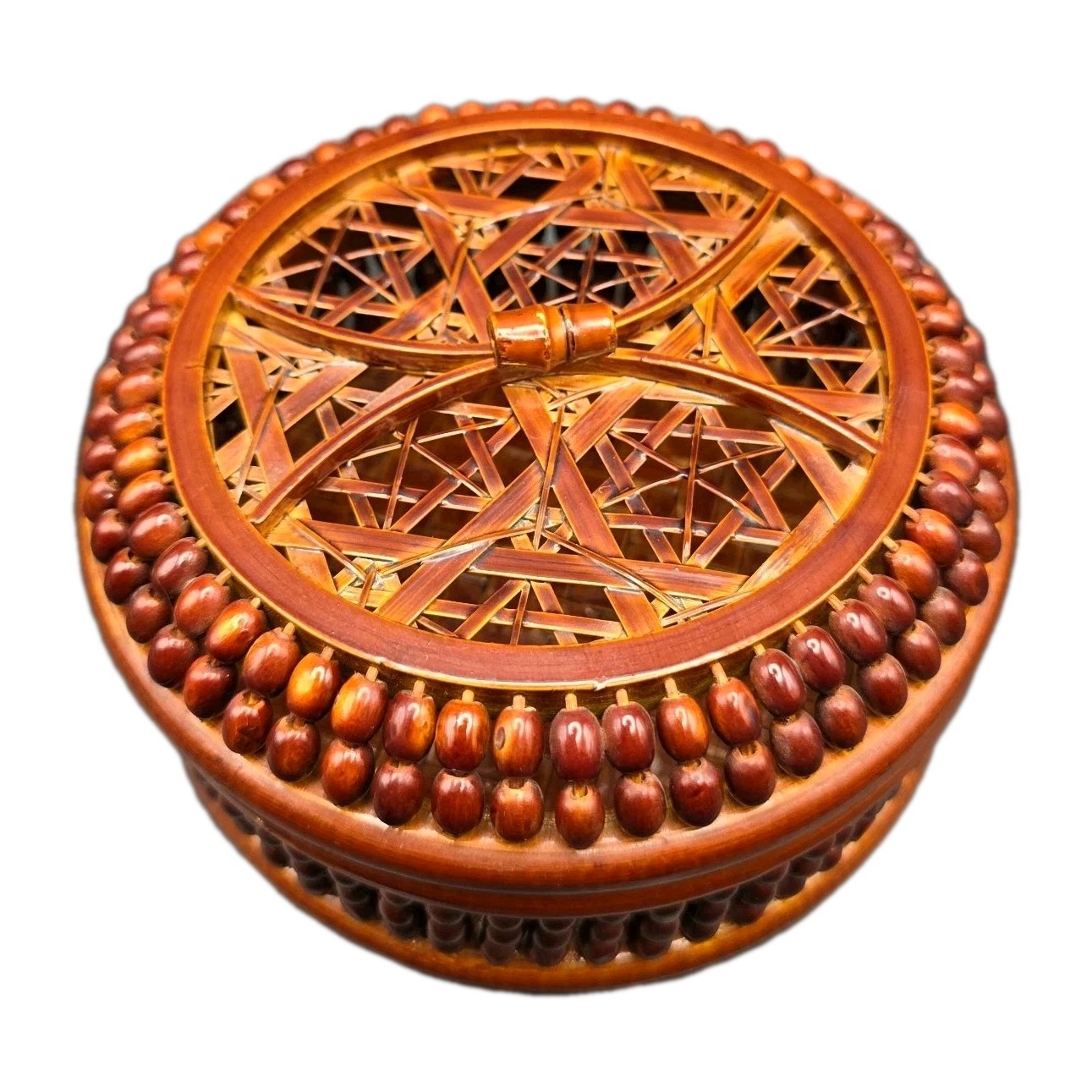 Vintage Bamboo Handmade Open Weave Lacquered Braided Trinket Nox with Lid