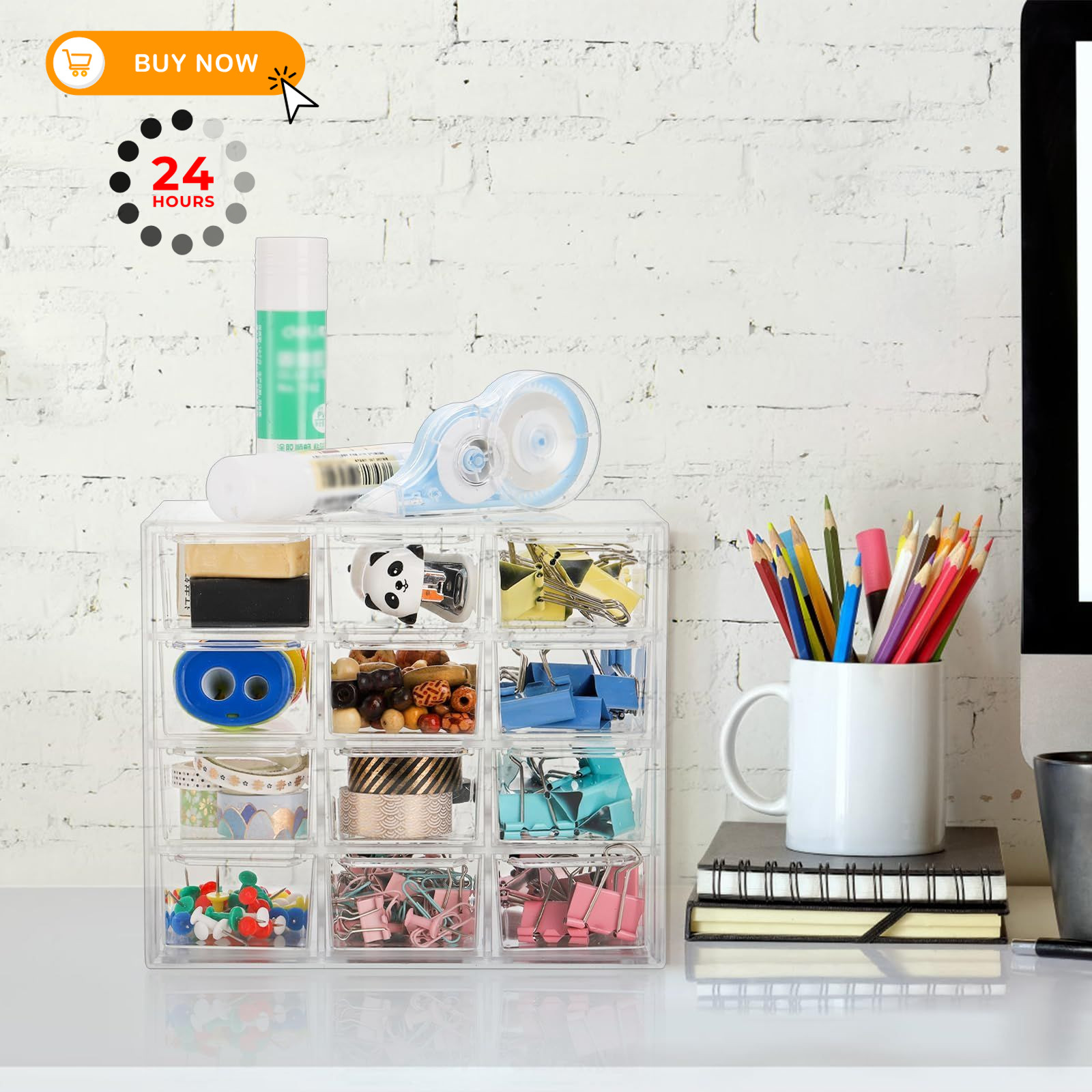 YOUEON 2 Pack Mini Desk Organizer with 12 Removable 7″L x 4″W x 6.1″H, Clear