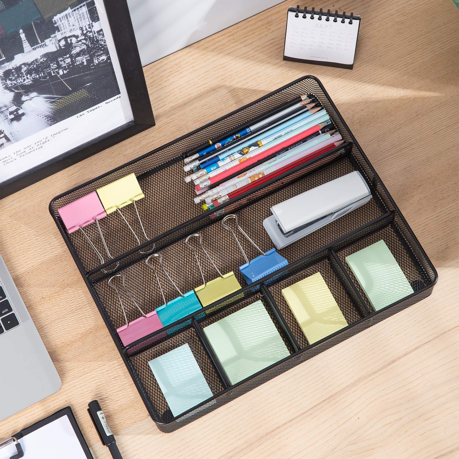 Amazon Basics Metal Mesh Desk Organizer with 6 Compartments, Anti-Slip Black
