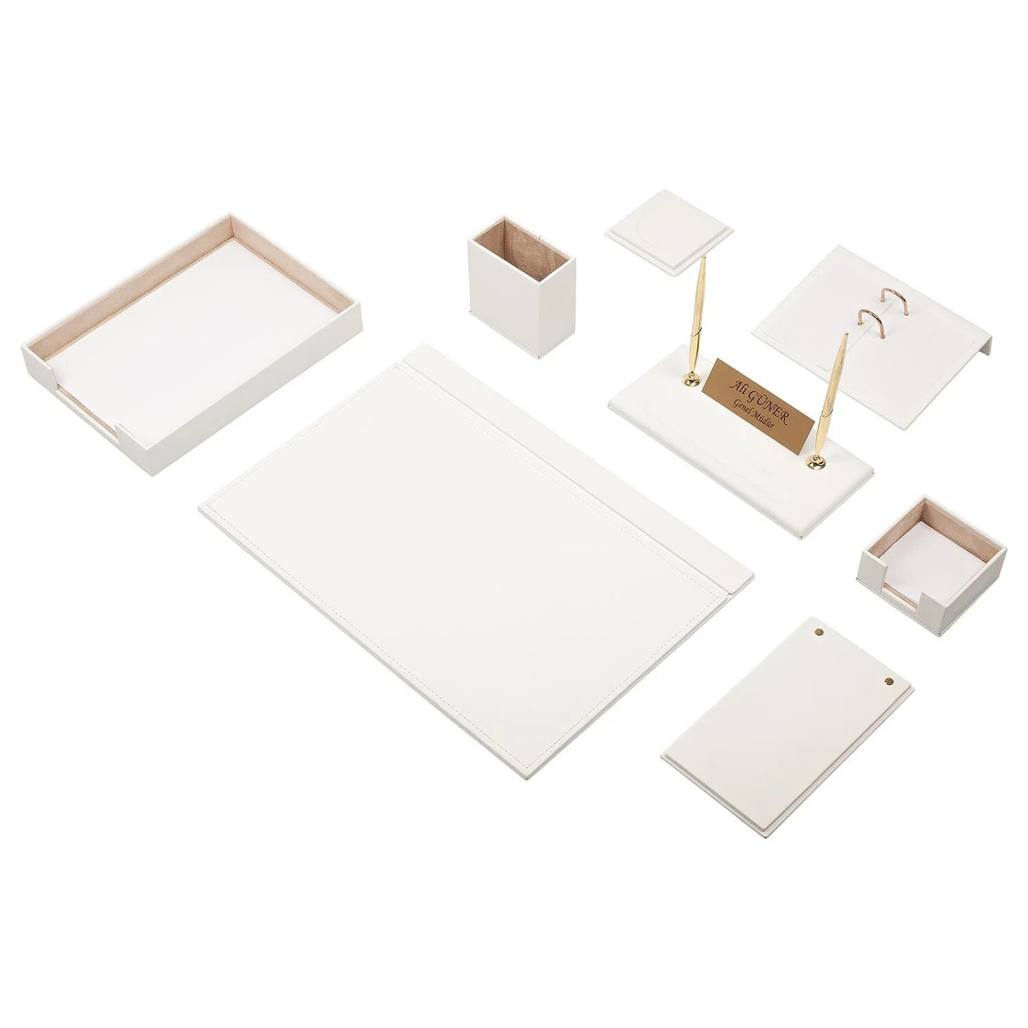 Leather Desk Organizer Set with Single Document Tray Desk Set 10 PIECES White