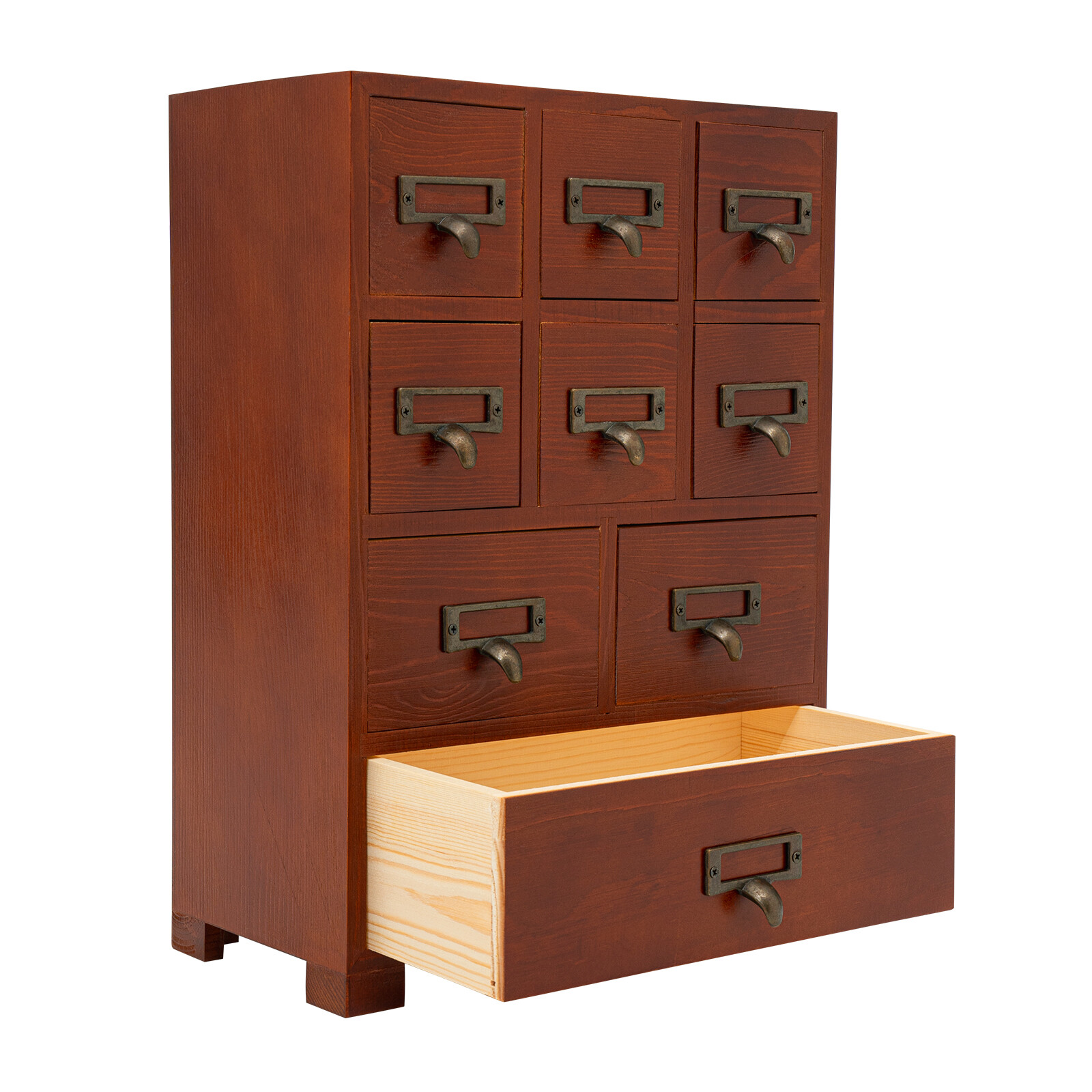 Dark Brown Retro Pine Wood Iron 9 Drawer Rectangular Storage Box Tabletop