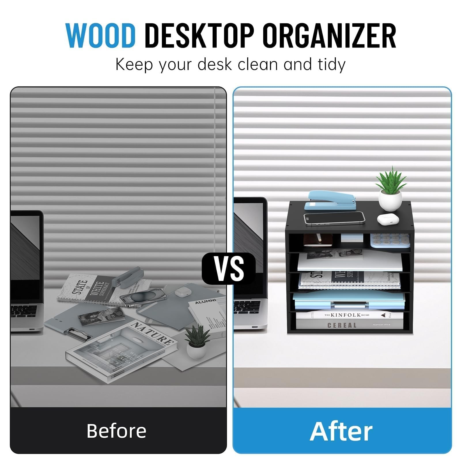 SHARKWOODS 5-Tier Wood Desk Organizer, Paper Tray Organizer for 5 Tier, Black