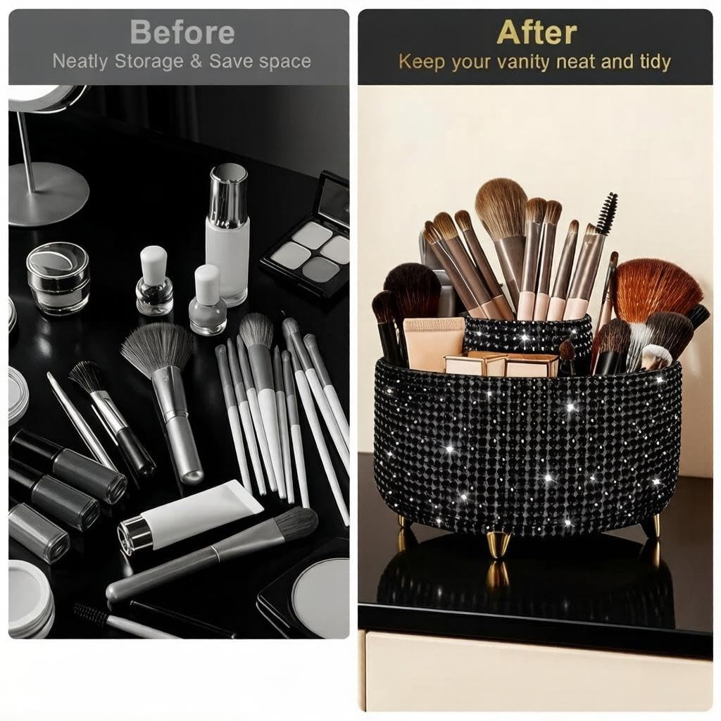 Bling Makeup Brush Holder,360° Rotating Diamond Black