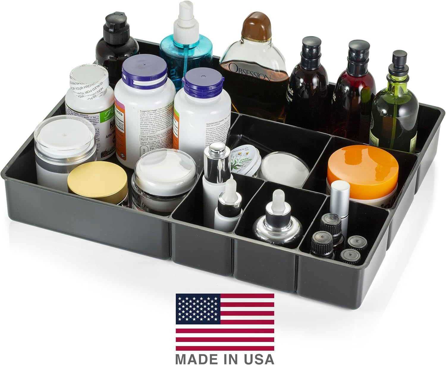 Deep Drawer Organizer Tray, 8 Compartments, 2 1/4″H x 15 1/8″W x 11 1/2″D, Black