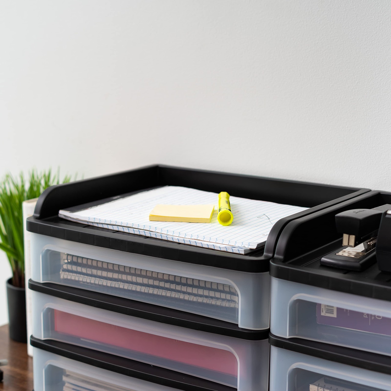 IRIS USA Plastic Desk Top 3-Drawer Storage Organizer with Paper Medium, Black