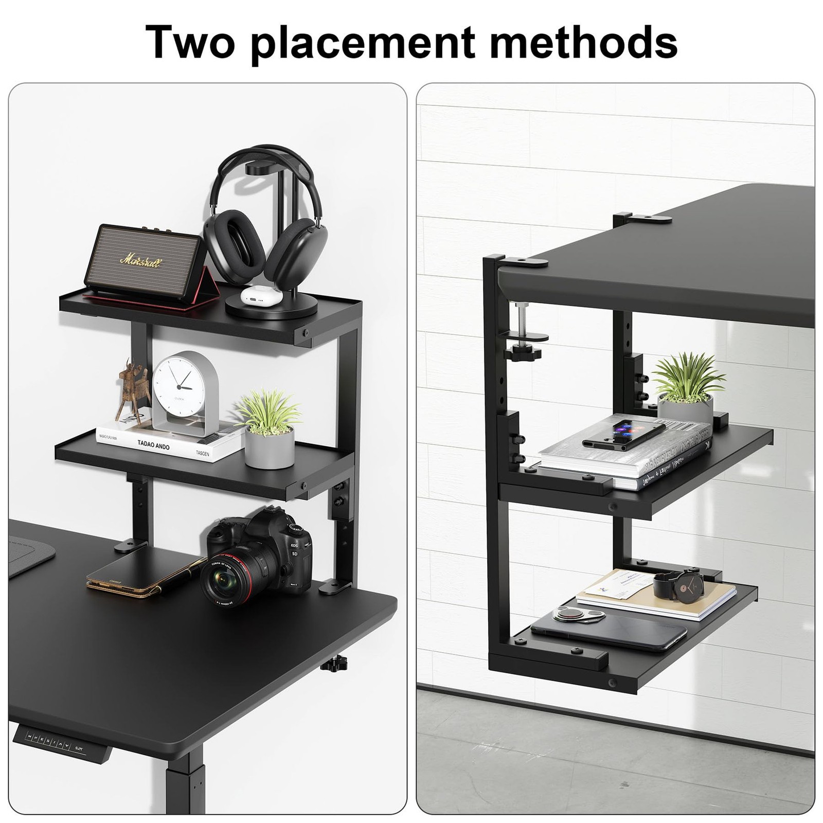 2 Tier Clamp on Desk Shelf Organizer Wood Desktop Supplies Storage Rack