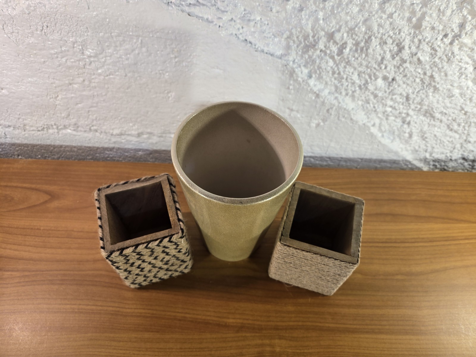 Boho Desk Organizer Set – 3pc Glossy Gold Vase & Burlap Wrapped Pencil Holders