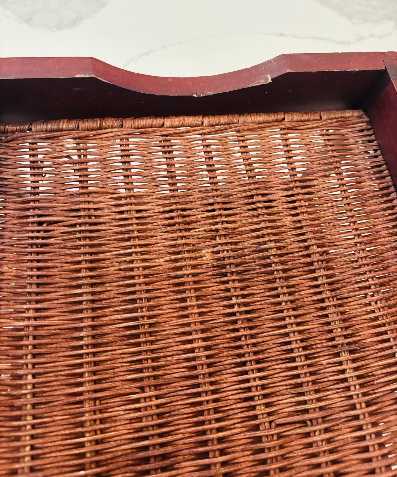 Vintage Wood Letter Tray Desk Organizer Woven Rattan 2 Tier Office Holder 15×11”