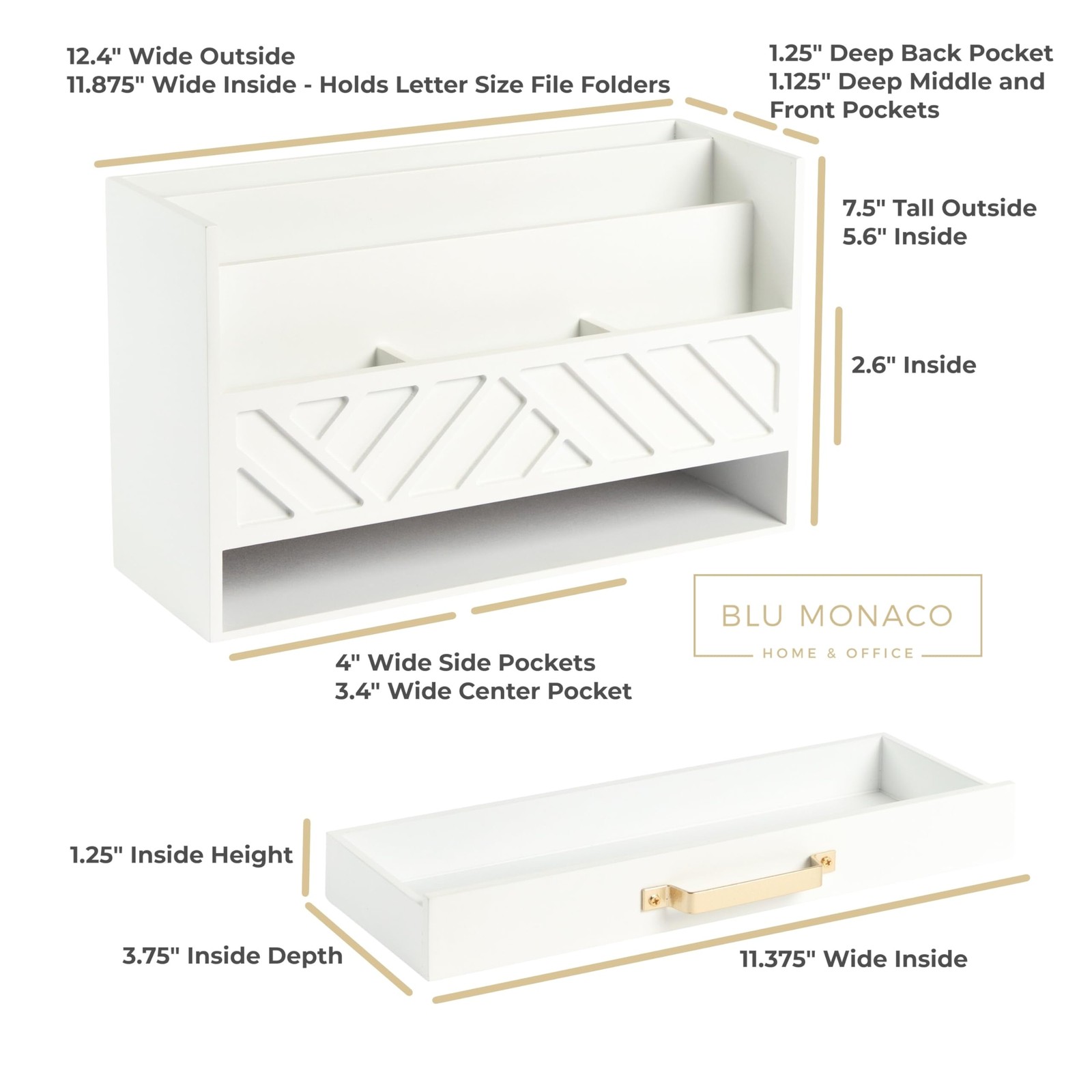 BLU MONACO | White Wooden Desk Organizer & Mail Organizer with Drawer & Gold …