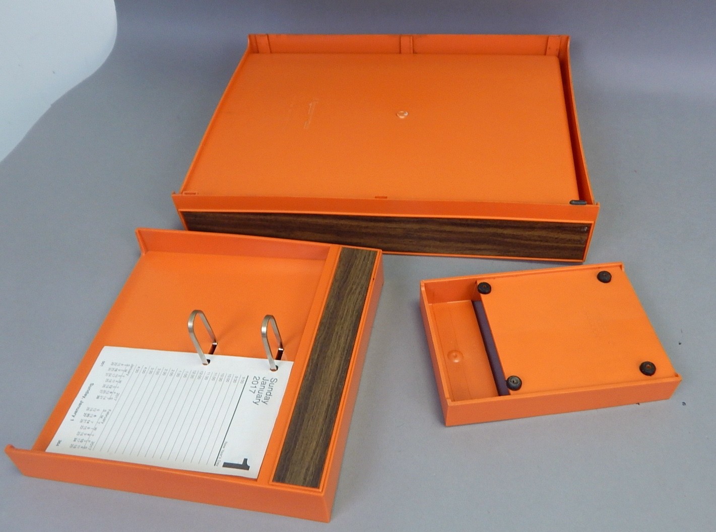 Vintage Orange Eldon Office Desk Organizer Tray Calendar Cup Holder Set MCM 70s