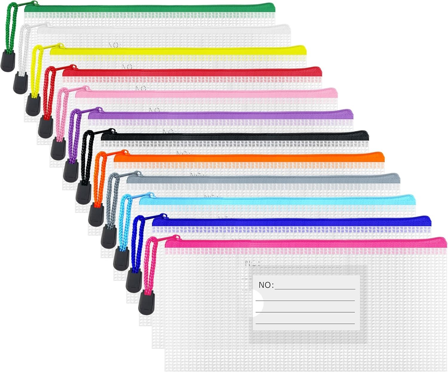 Plastic Mesh Zipper Pouch, 12Pcs Zipper File Bags with Label Pocket, Game