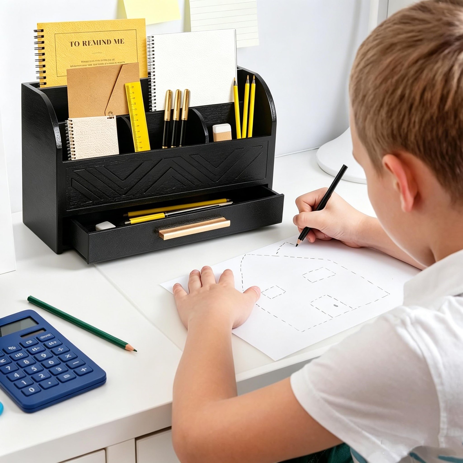 Charmewooden Black Desktop Organizer with Drawer Storage, White Desk