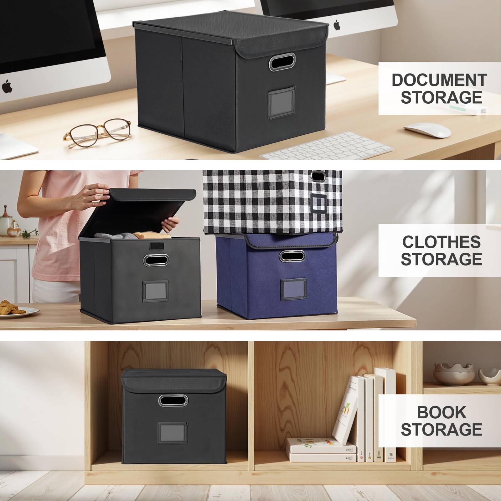 Hleelomi Collapsible File Box with Lid & Plastic Slide – 1 Pack, Black
