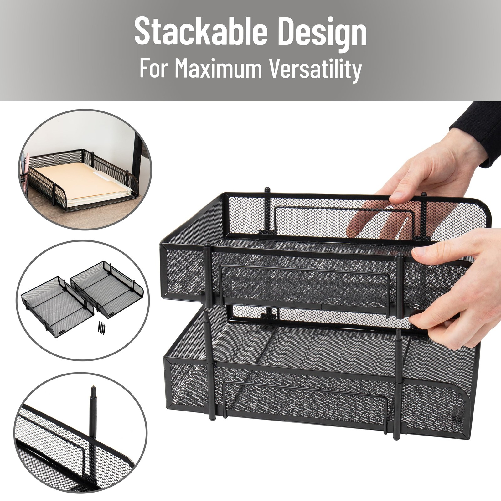 Black 2-Tier Stackable Paper Tray, Metal Mesh Organizer, 10.5×13.25in