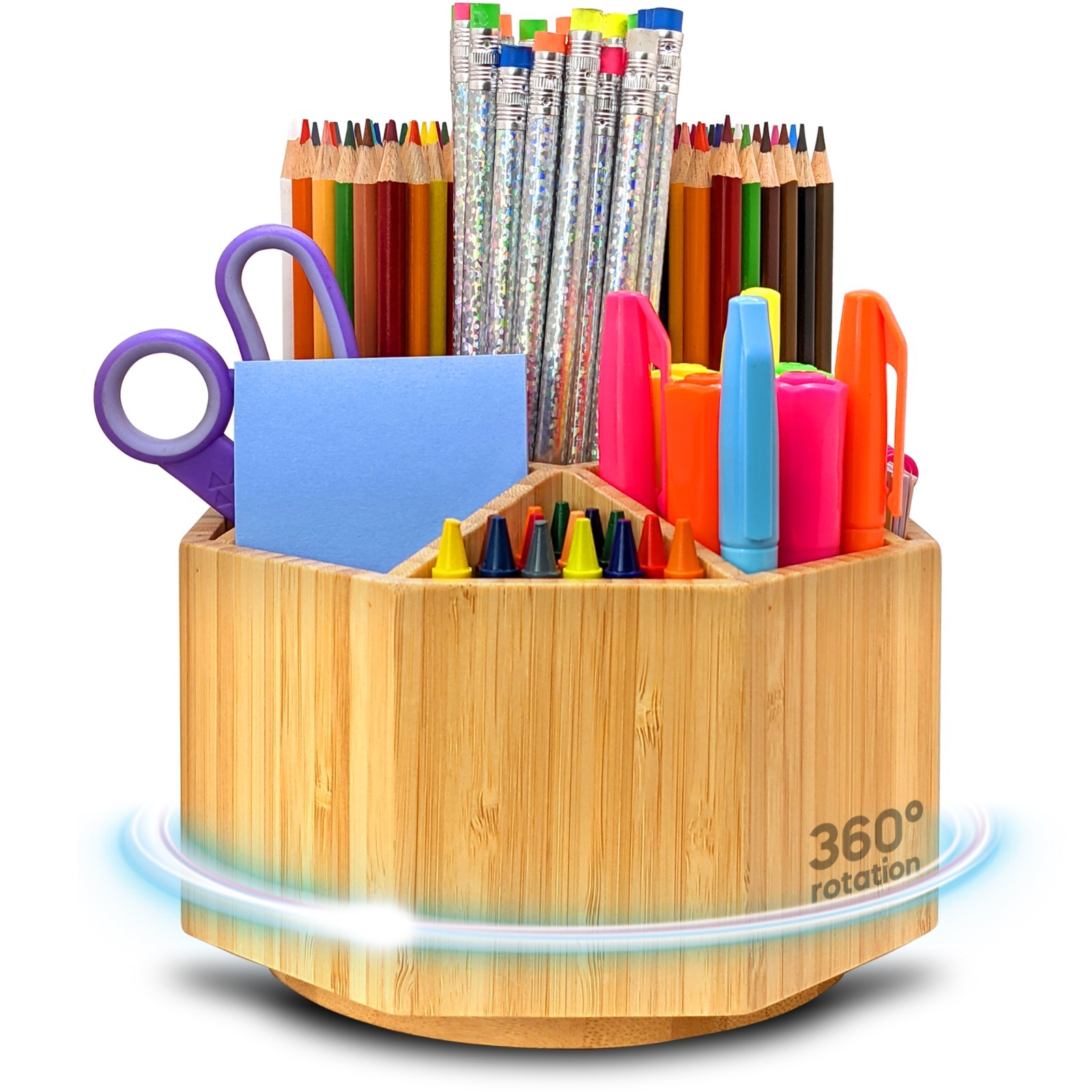 Bamboo Rotating Desk Organizer 9 Compartments Pencil Pen Holder Art Supply
