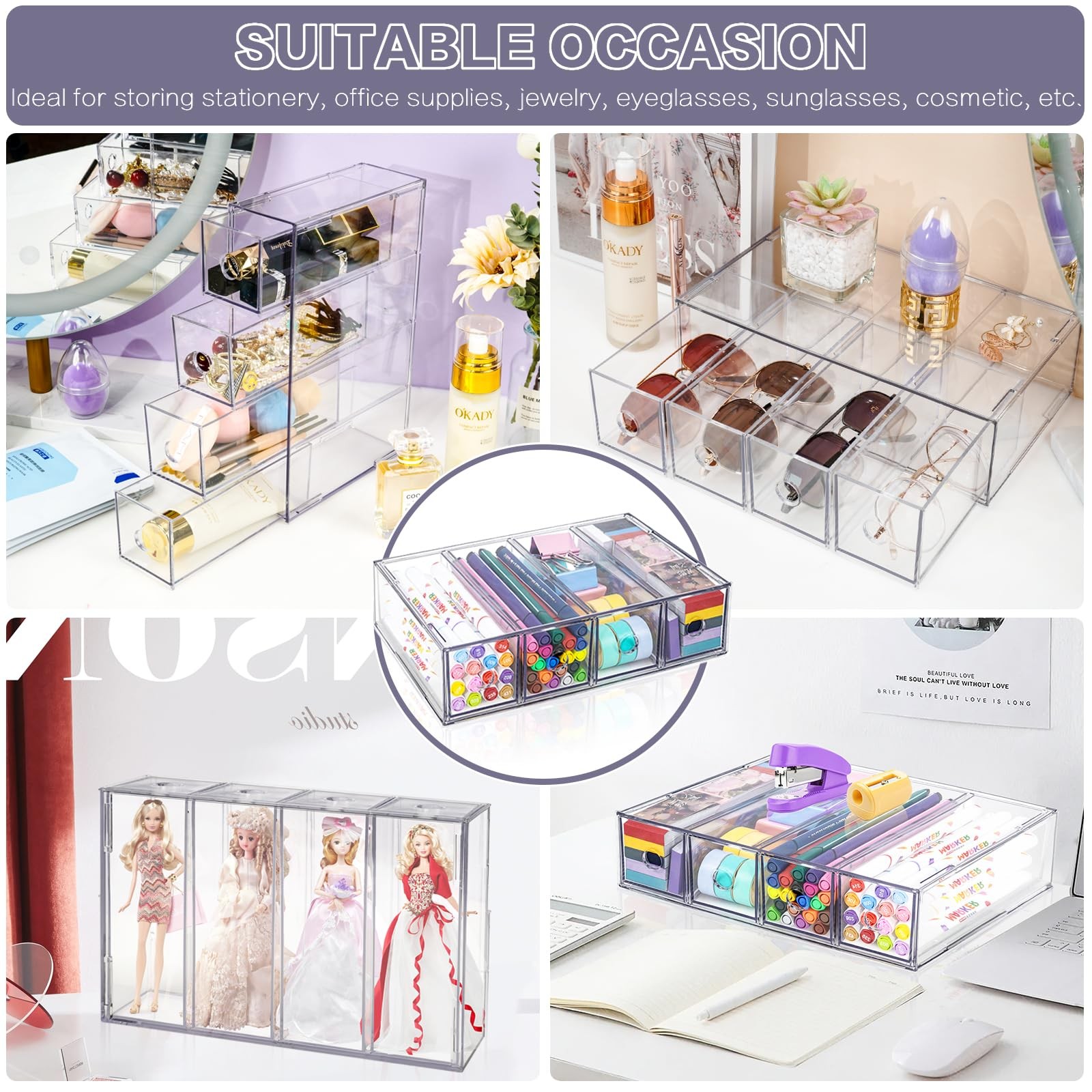 Desk Organizer with 4 Drawers, FODIENS Stackable Desktop Storage Box clear