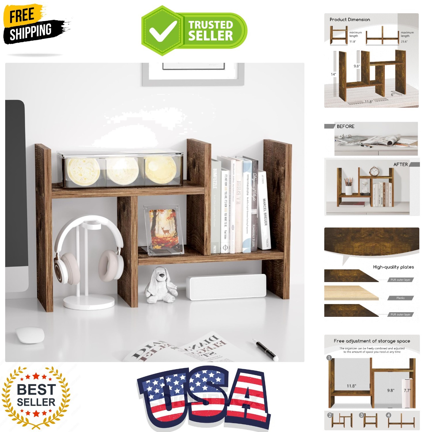 Desktop Organizer Office Storage Rack Adjustable Wood Display Shelf Free Styl…