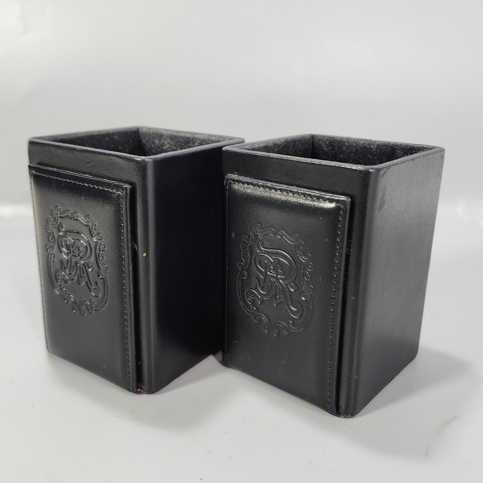 Black Leather Pencil Pen Cup Holder Pair Executive Desk Horse Crest Embroidery