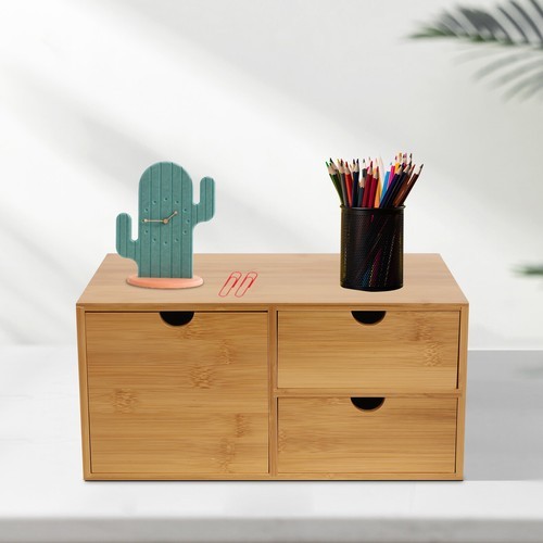 Desk Organizer Office Desktop Drawers Storage Bamboo Box Storage Recess Handle