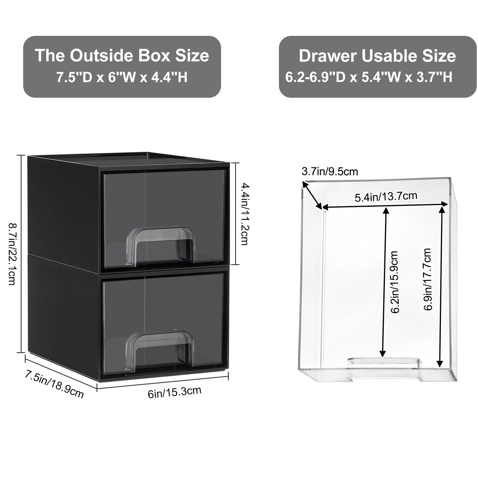 Vtopmart Black Small Stackable Storage Drawers, 7.5″D x 6″W x 4.4″H,