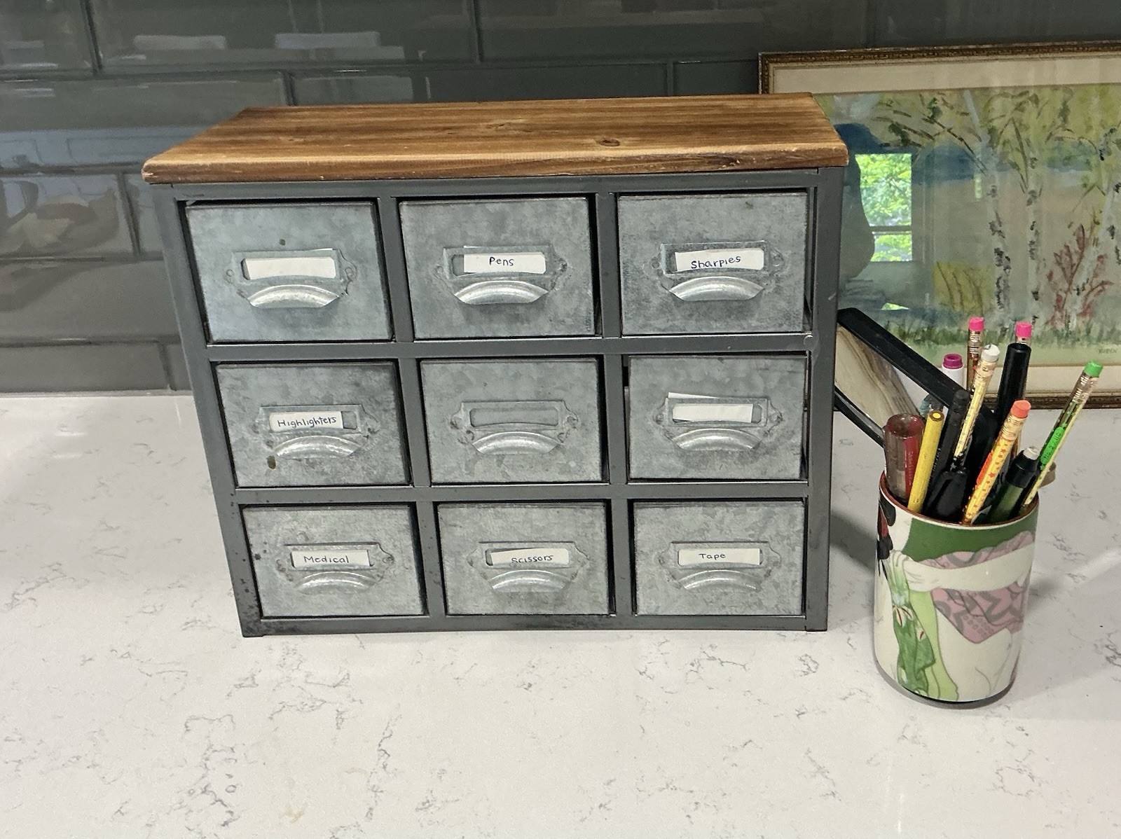 Cheung’s Desktop Galvanized 9 Drawer Vertical Organizer w/ Label Scoop Wood Top