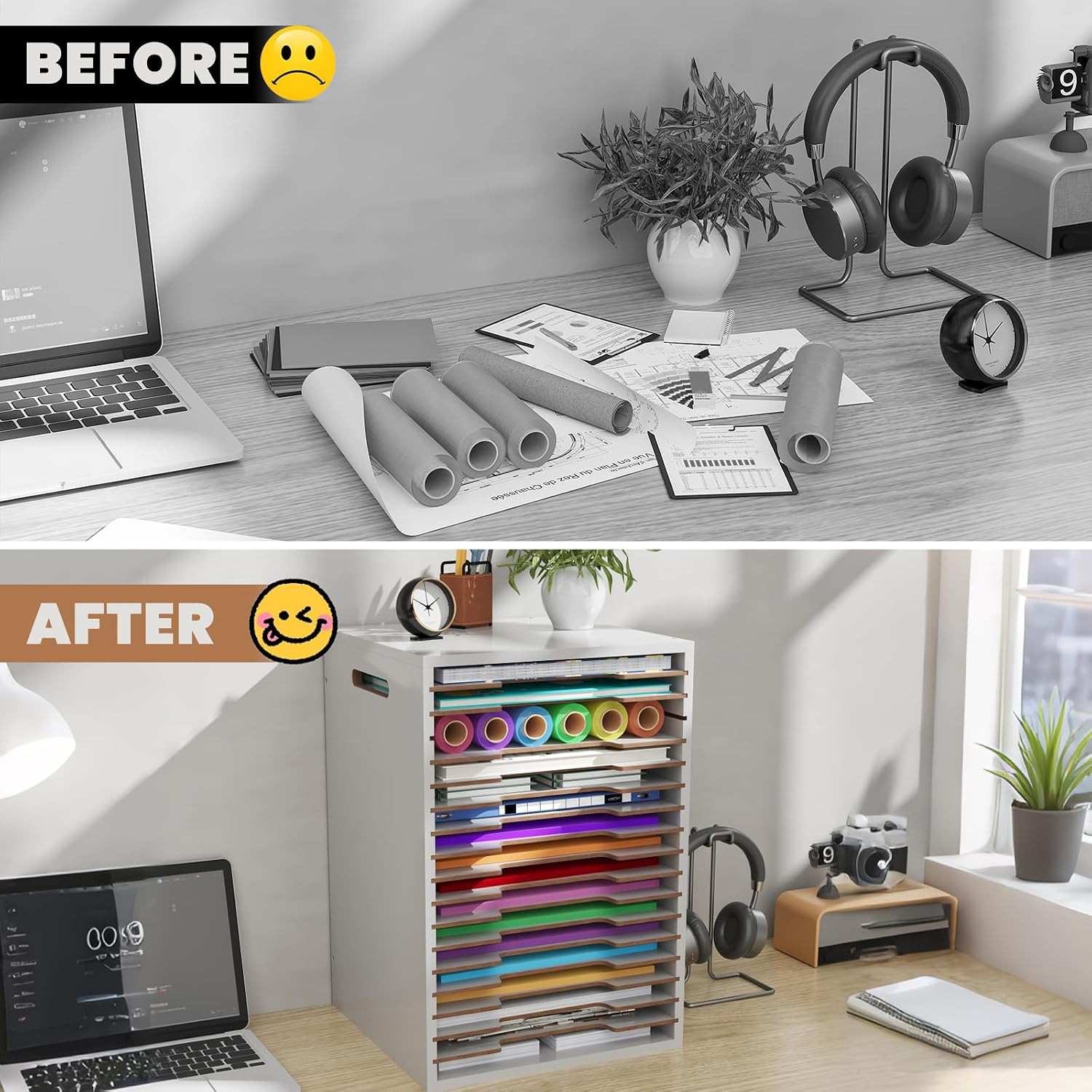 12X12 Scrapbook Paper Storage Organizer Wood, 18 Tier Desk File Organizer with H