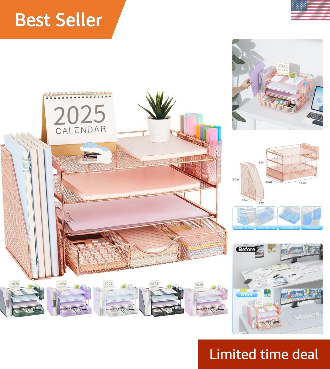 Effortless Organization: 4-Tier Rose Gold Desk Organizer with Storage Drawer