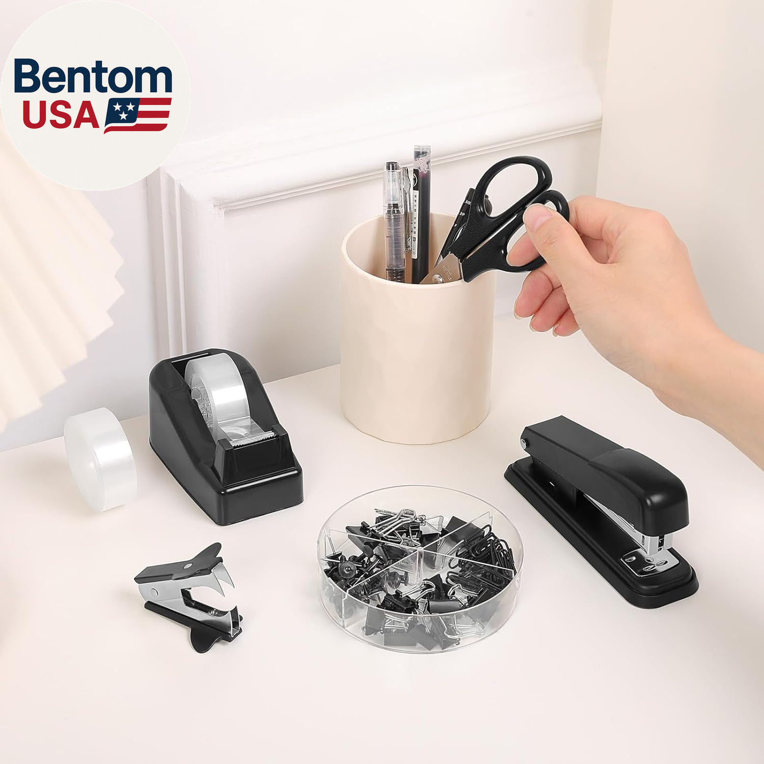 Black Office Supplies Set, Black Desk Accessories, Stapler, Tape Dispenser, Scis