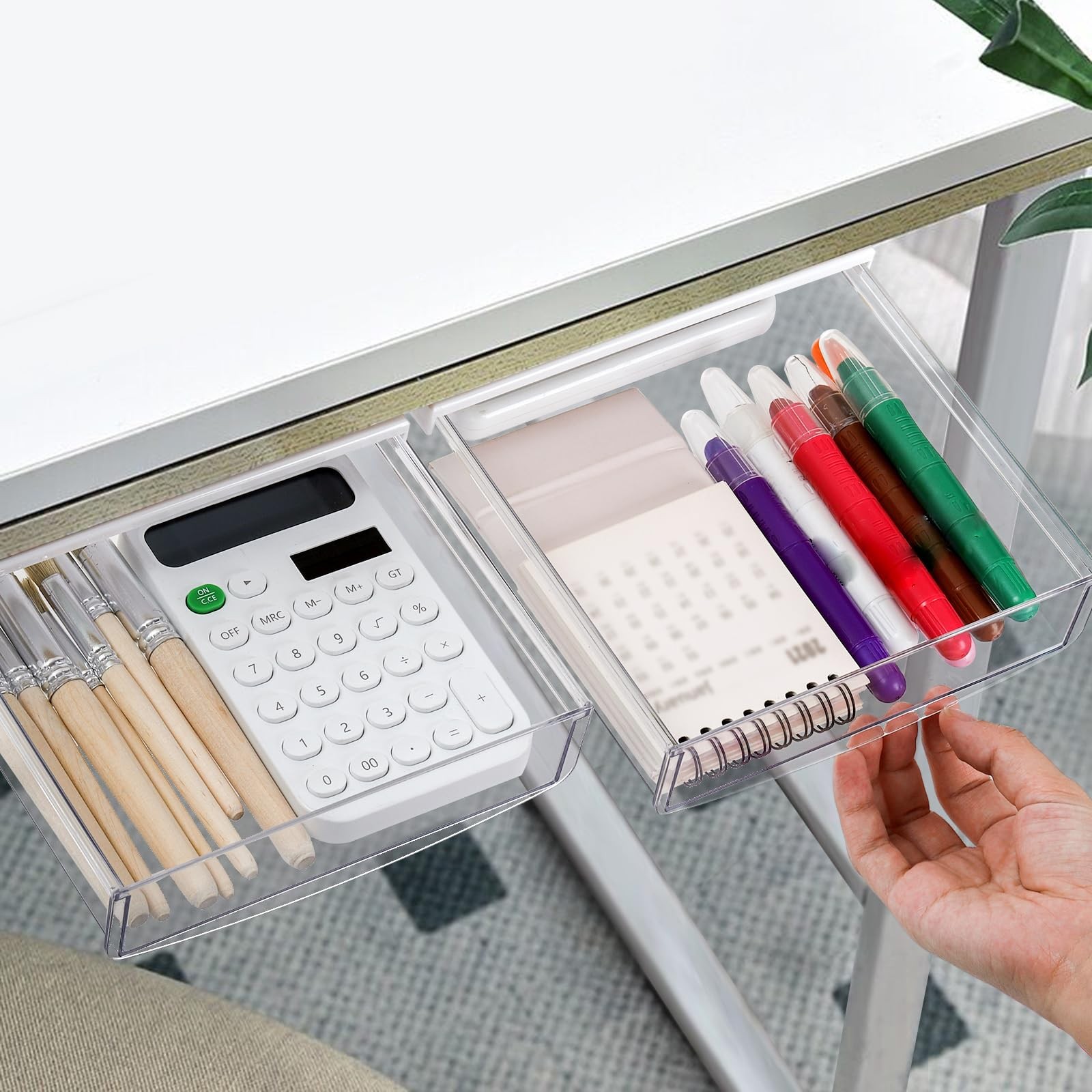SOUJOY 3 Pack Under Desk Drawer, Self-Adhesive White with Transparent finish