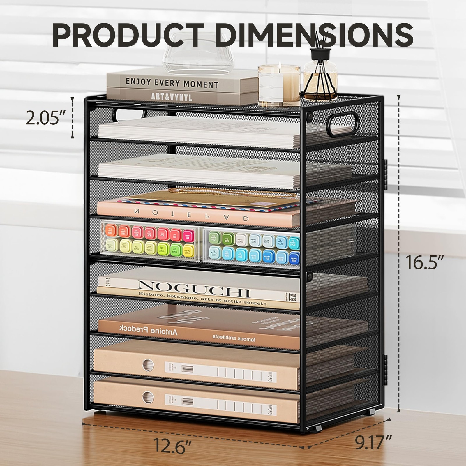 9-Tier Black Metal Mesh Paper Organizer with 6 Adjustable Sliding Trays