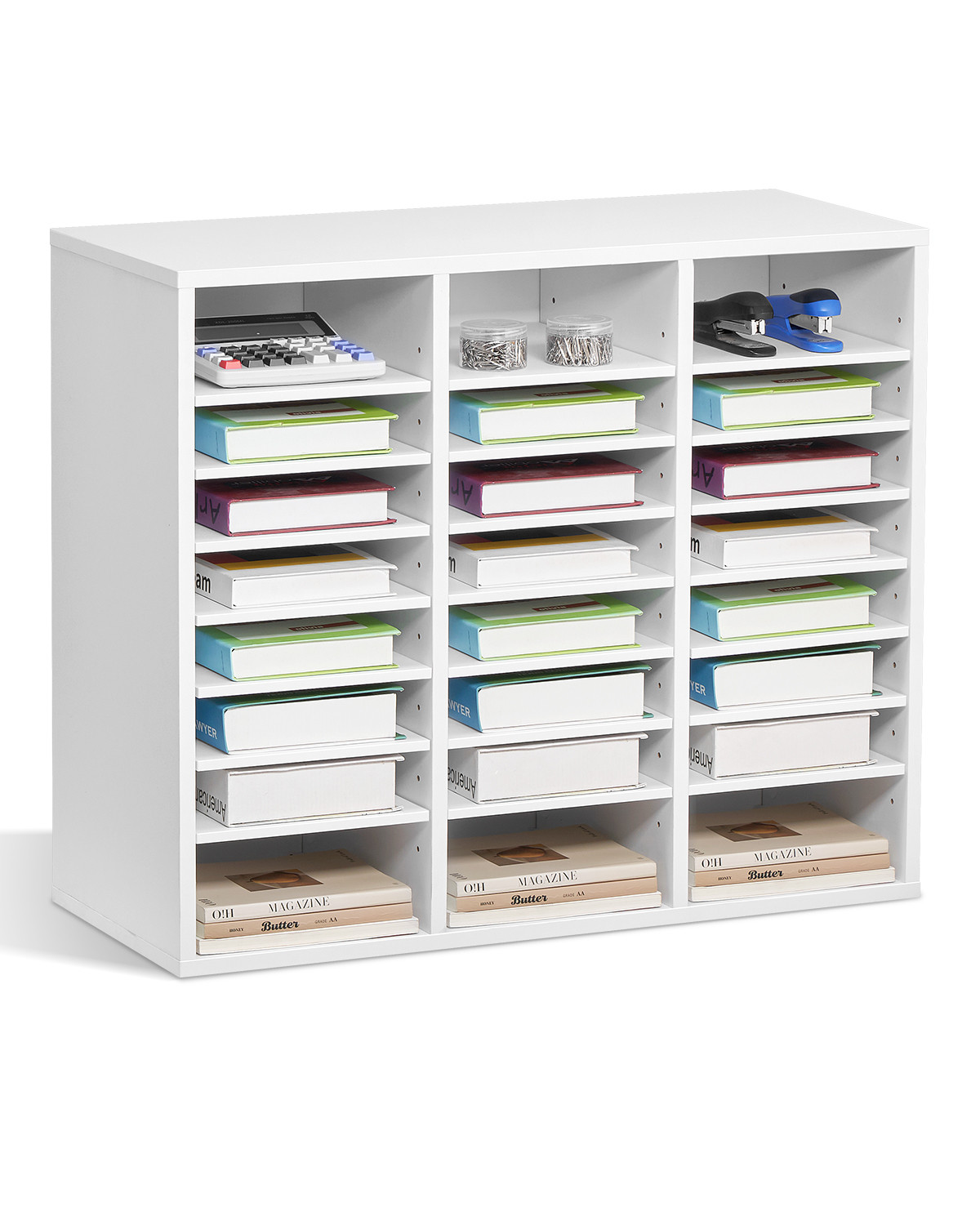 Wooden Literature Organizer 24 Compartments with Adjustable Shelves White