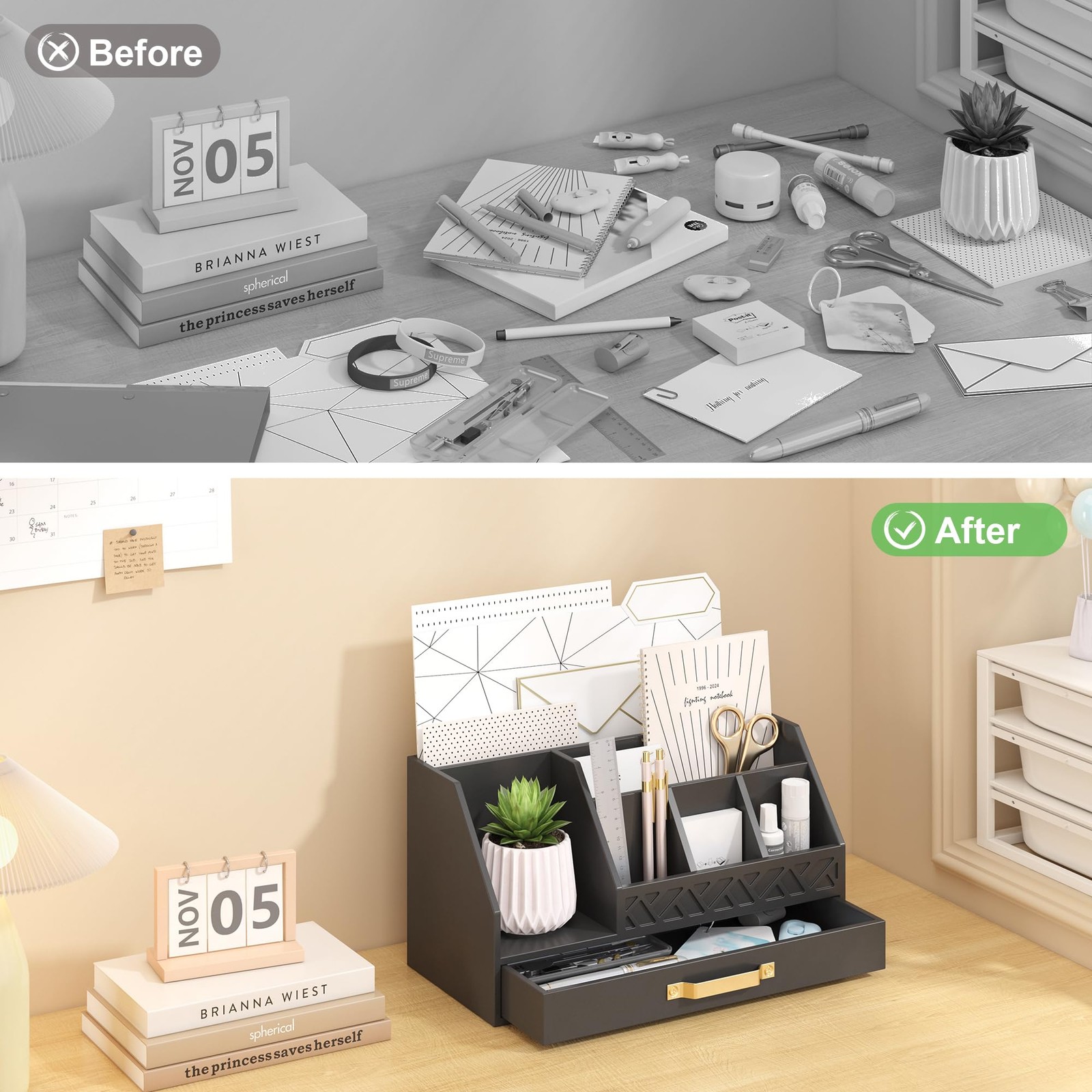 Wisuce Bamboo Mail Organizer Countertop with Drawers, Wooden Desk Black