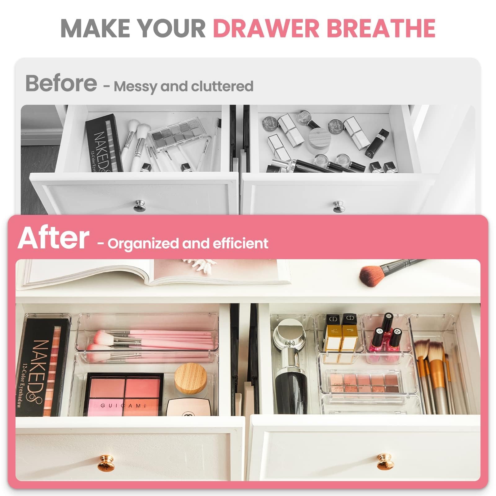 HOUSE DAY Makeup Drawer Organizer Trays 24 PCS, 24 Pcs – 4 Sizes, Clear